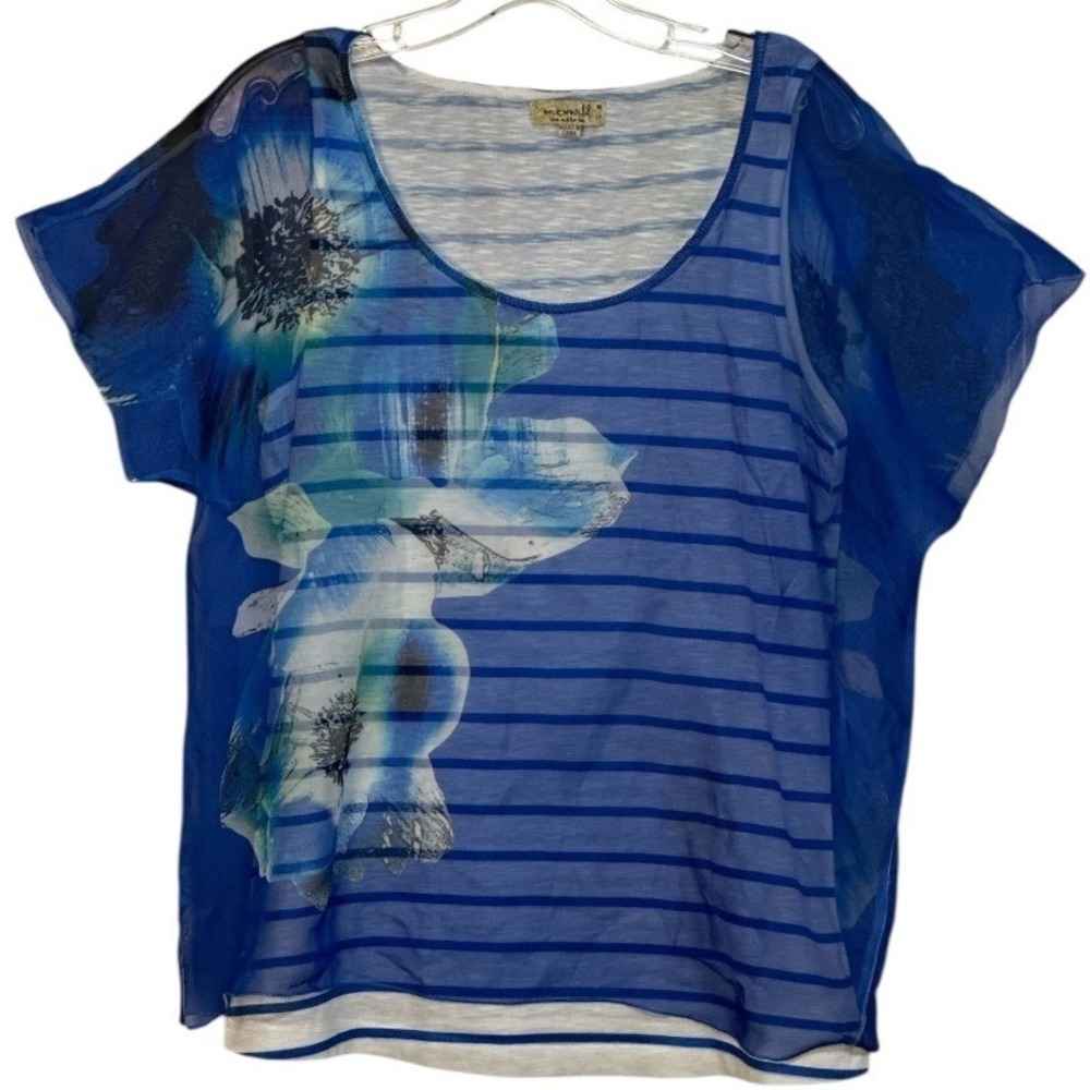One‎ World Women 2 Layer Stripe Tank Blue Floral Sheer Overlay Beach Vacation M